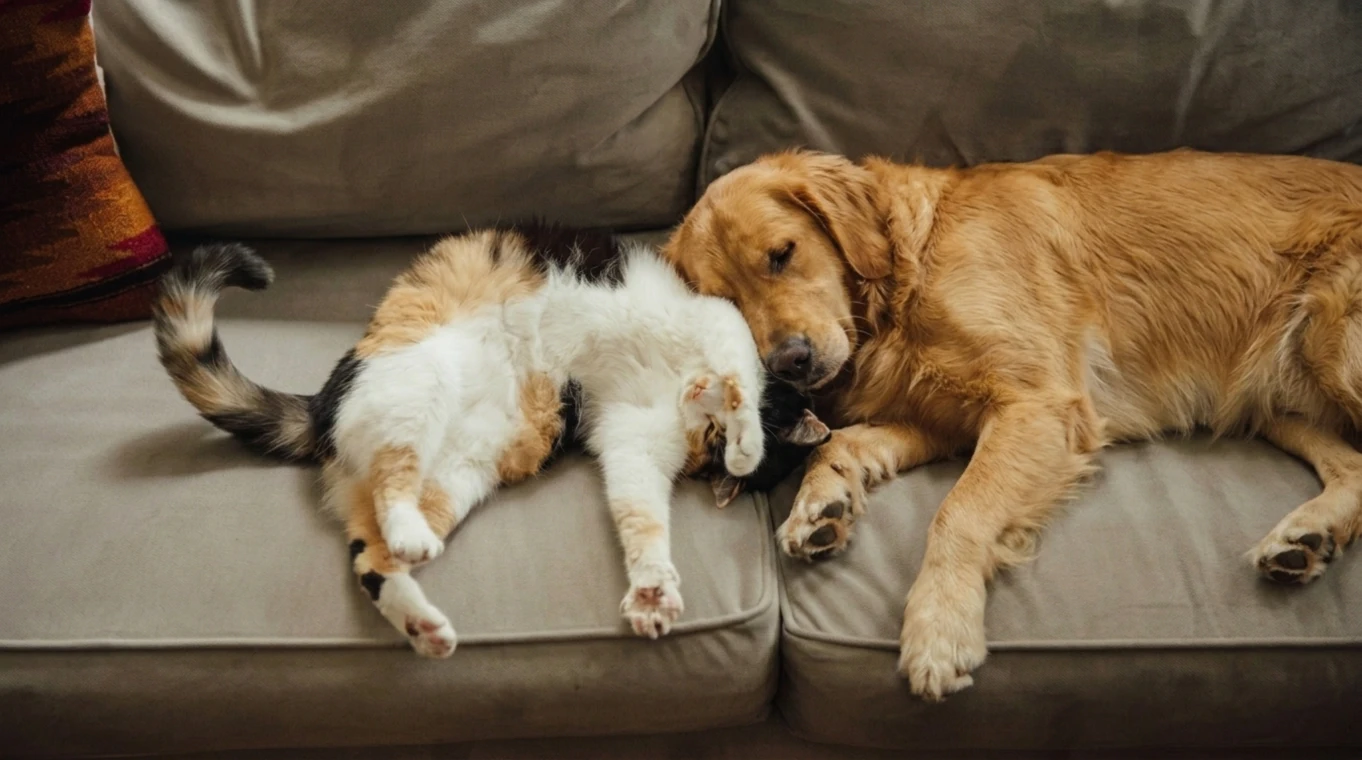 Dog and cat resting together on a fabric sofa