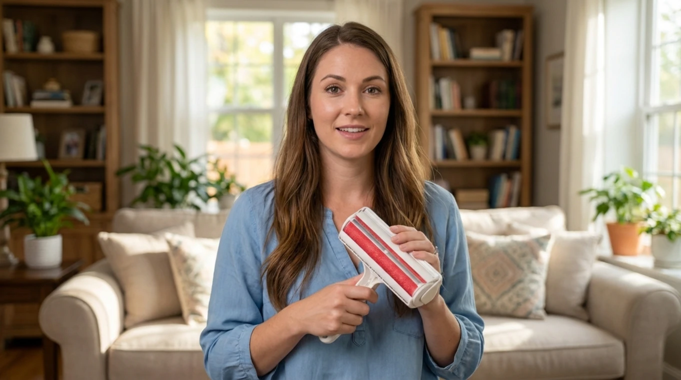 Person holding a reusable pet hair roller in a living room